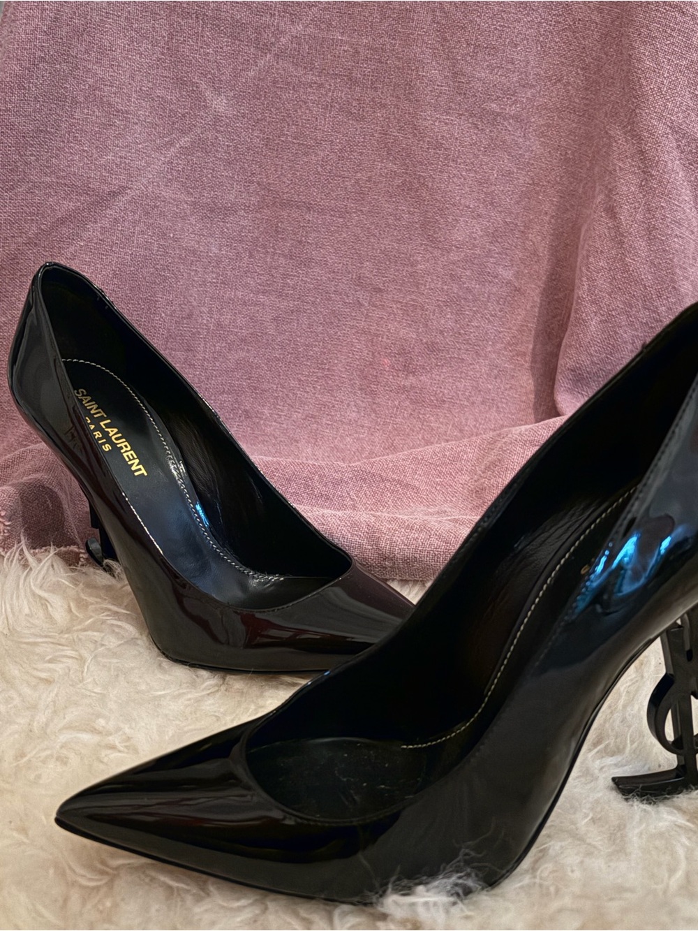 Yves Saint Laurent Opyum 110 Patent Leather Pumps. With monogram heel